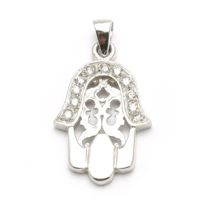 14K White Gold Diamond Hamsa Filigree Pendant Hand 1/4 carat