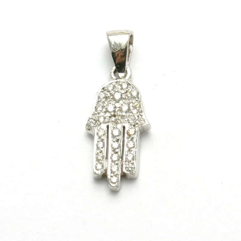 14K White Gold Diamond Hamsa Pendant Hand Pave 1/4 carat