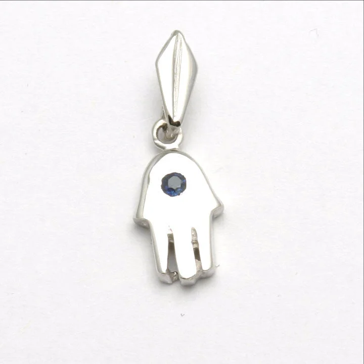 14k White Hamsa Pendant Blue Sapphire Small