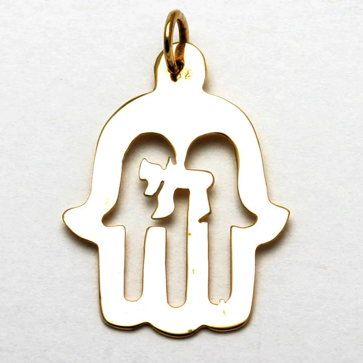 14k Yellow gold Hamsa Chai Pendant