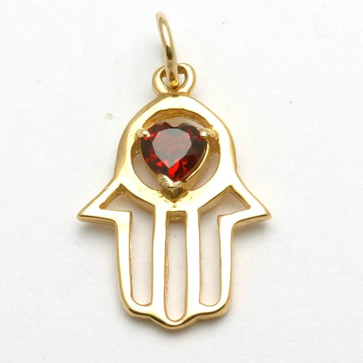 14k Yellow Gold Hamsa Red Garnet Heart Pendant