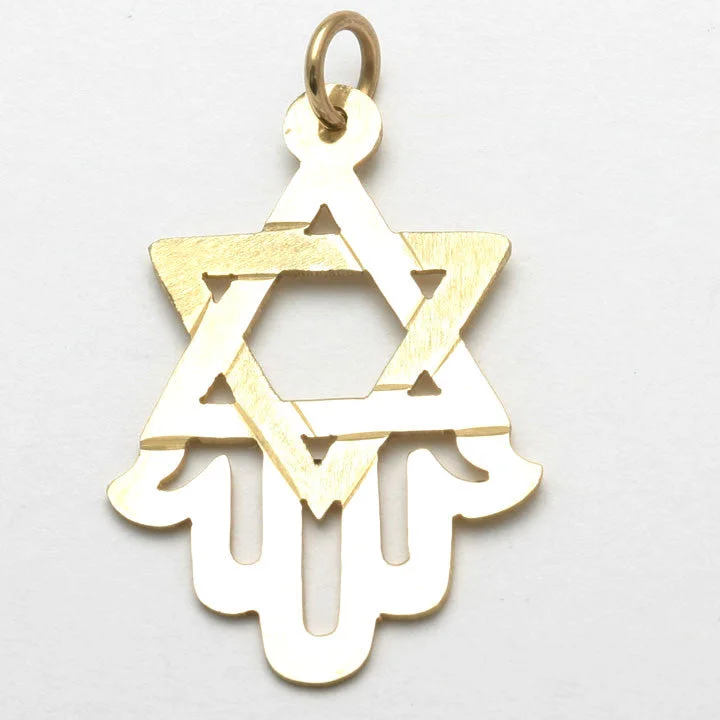 14k Yellow Gold Hamsa Star of David Pendant Large