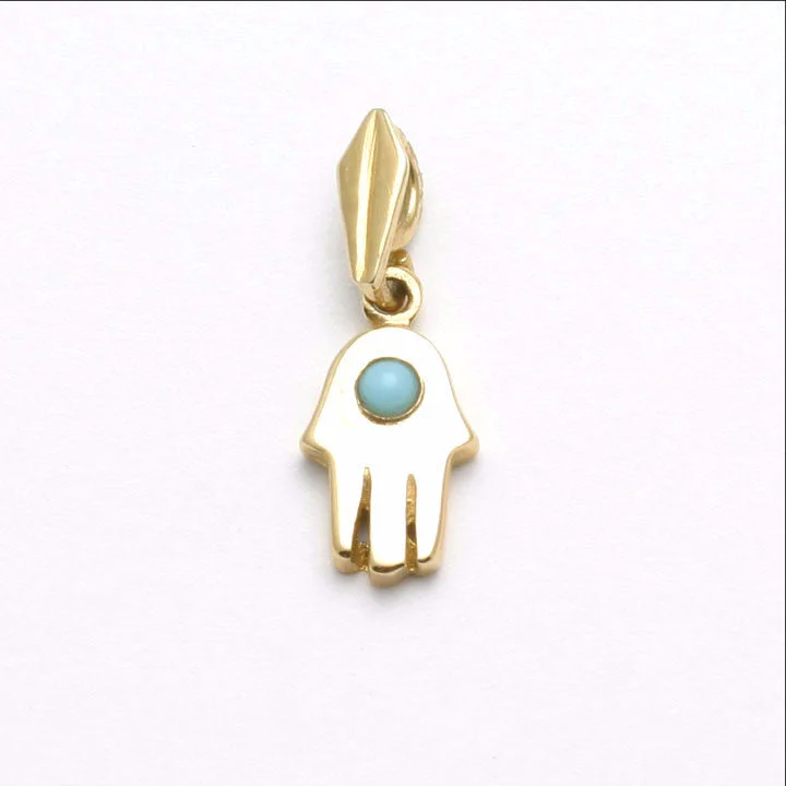 14k Yellow Gold Hamsa Turquoise Evil Eye Pendant Bezel Small