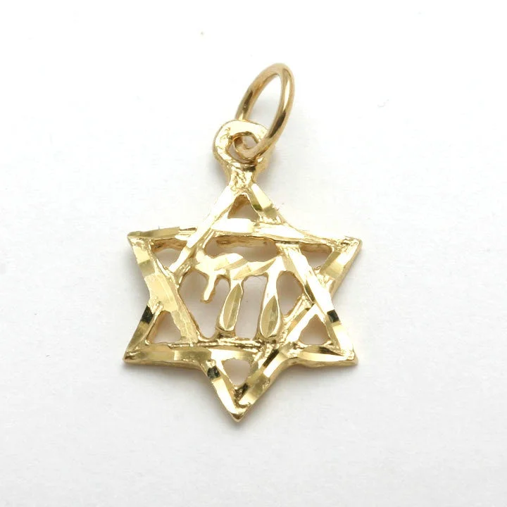 14k Yellow Gold Jewish Star of David Chai Pendant Diamond Cut