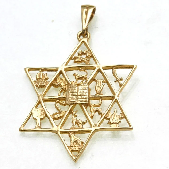 14k Yellow Gold Star of David 12 Tribes Pendant Large