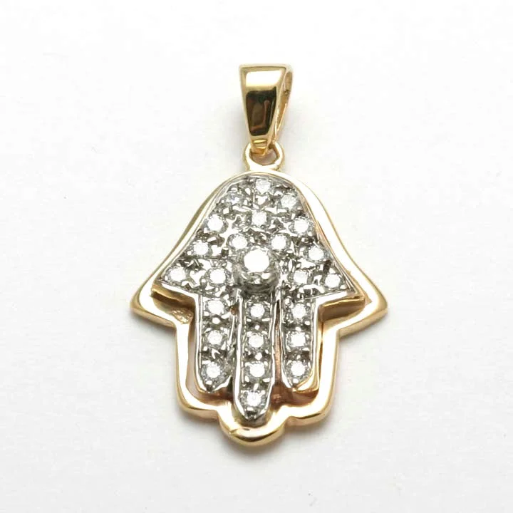 14k Yellow & White gold Hamsa Pendant Diamond Pave