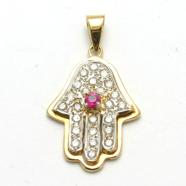 14k Yellow & White gold Hamsa Pendant Diamond Ruby