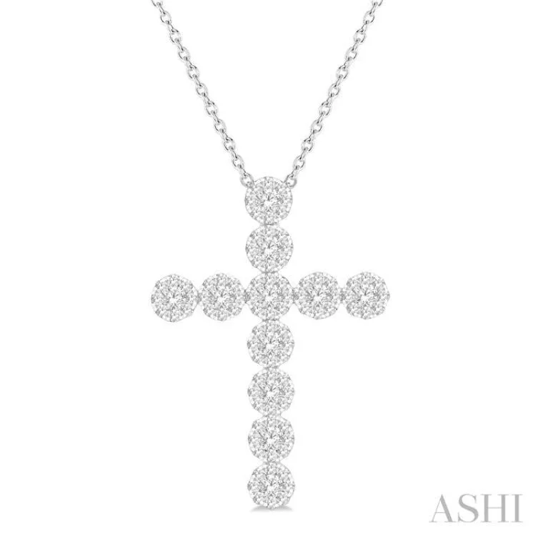 1 Ctw Lovebright Round Cut Diamond Cross Pendant in 14K White Gold with chain