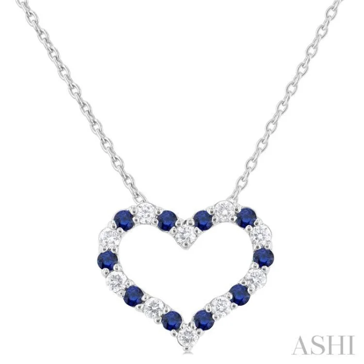 1/8 ctw Open Heart 1.4 MM Round Cut Sapphire and Round Cut Diamond Precious  Fashion Pendant With Chain in 14K White Gold