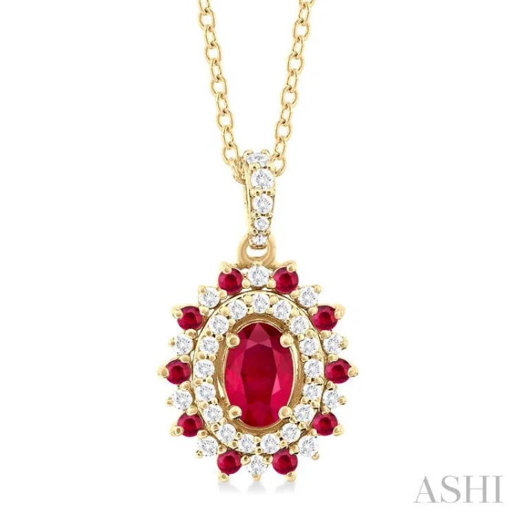 1/4 ctw Floral 6X4 MM Oval & 1.55 MM Round Cut Ruby and Round Cut Diamond Precious Pendant With Chain in 14K Yellow Gold