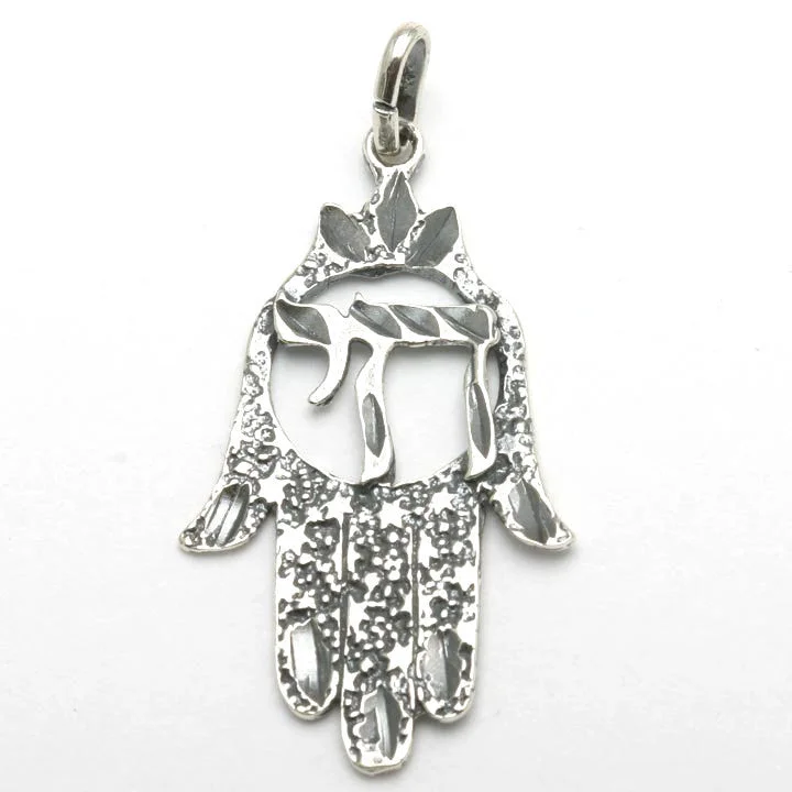 Sterling Silver Hamsa Chai Pendant Oxidized