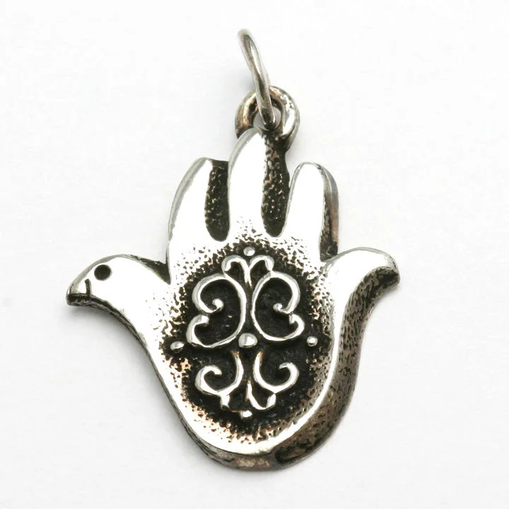 Sterling Silver Hamsa Dove Filigree Pendant Hand Oxidized