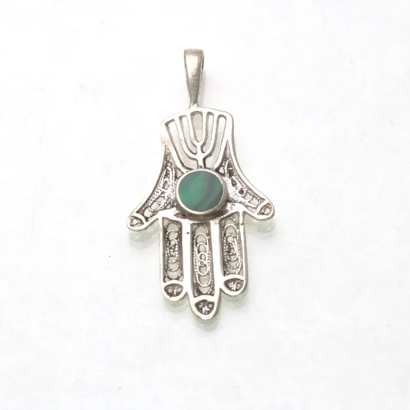 Sterling Silver Hamsa Eilat Stone Pendant Filigree Menorah