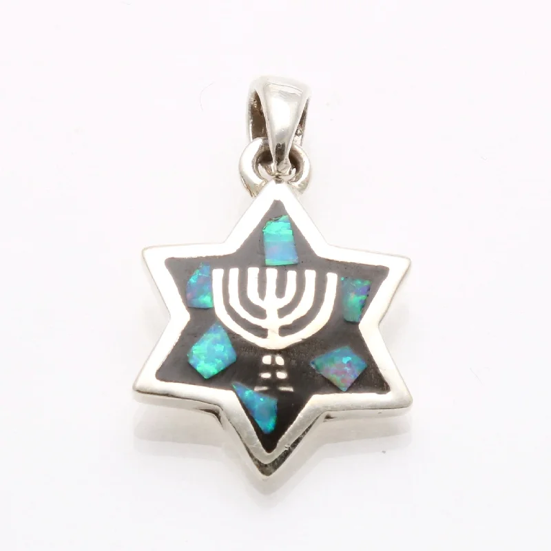 Sterling Silver Opal Star of David Menorah Pendant