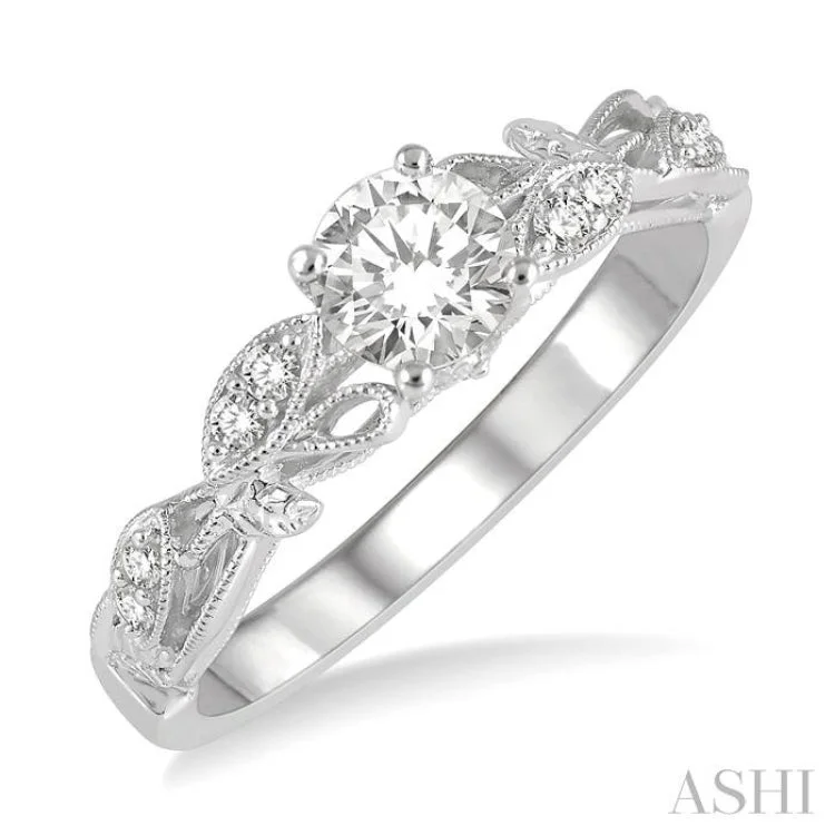 1/10 ctw Leaf Criss Cross Shank Round Cut Diamond Semi-Mount Engagement Ring in 14K White Gold