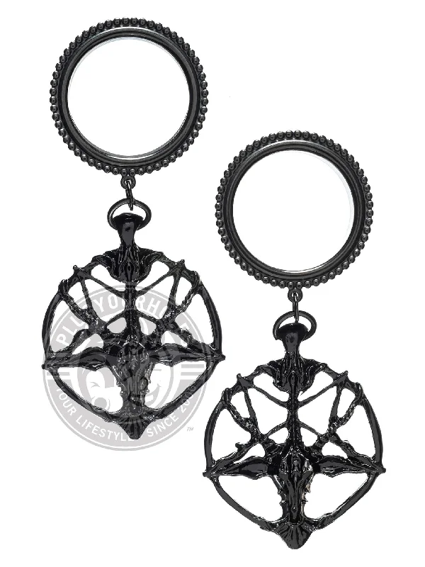 Black Baphomet Pentagram Dangle Threaded Steel Tunnels