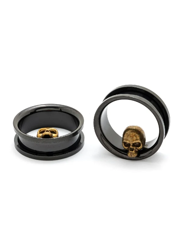 Black & Gold Skull Threaded Steel Tunnels