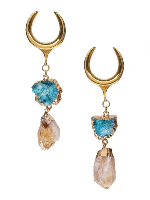 Blue & Amber Stone Dangle Gold Steel Crescent Saddles