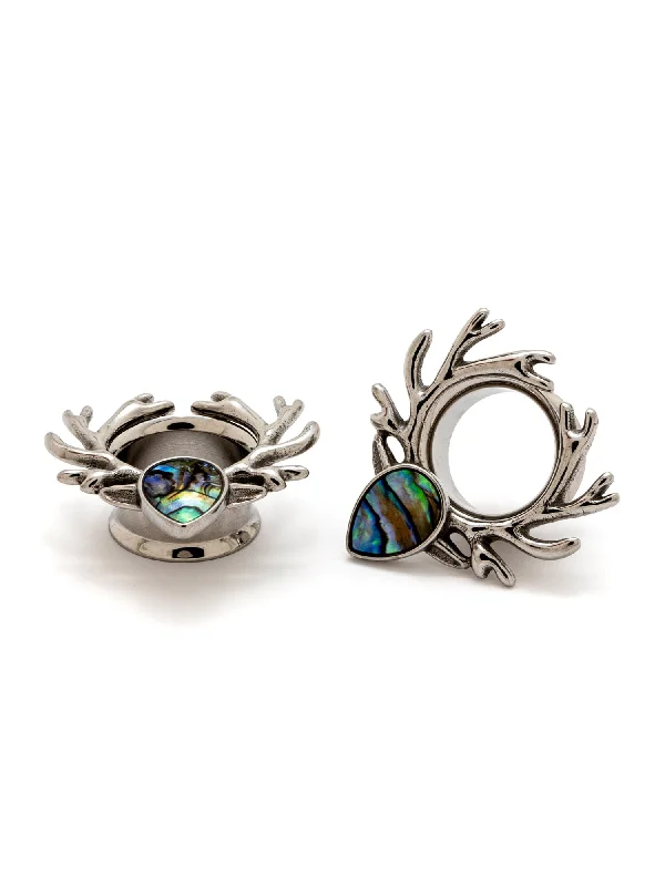 Deer Antlers with Abalone Double Flared Steel Tunnels