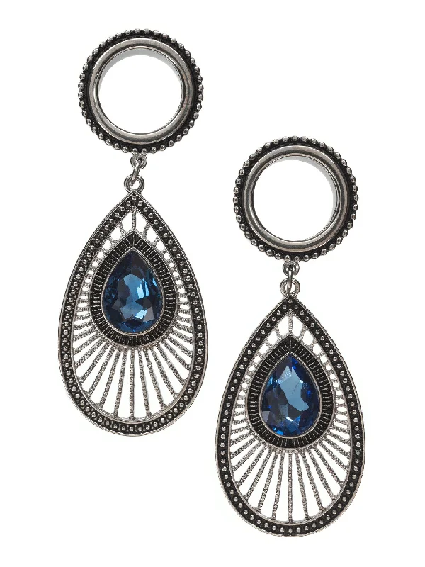 Sapphire Teardrop Dangle Beaded Threaded Steel Tunnels