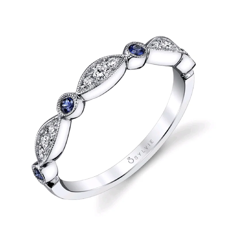 18K White Gold Diamond and Sapphire Alternating Milgrain Wedding Band