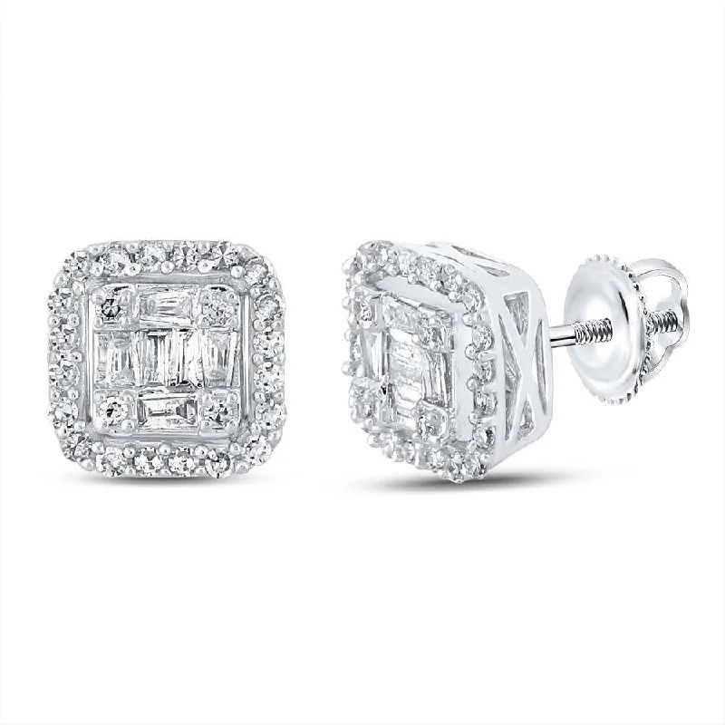 10kt White Gold Baguette Diamond Square Earrings 1/2 Cttw