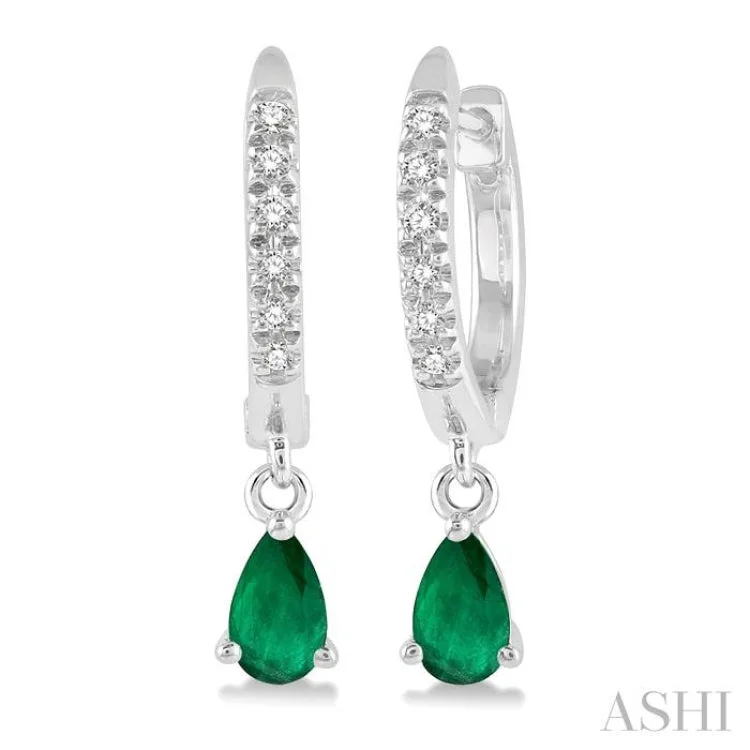 1/8 Ctw Round Cut Diamond & 5x3 MM Pear Cut Emerald Petite Fashion Huggie Earrings in 10K White Gold