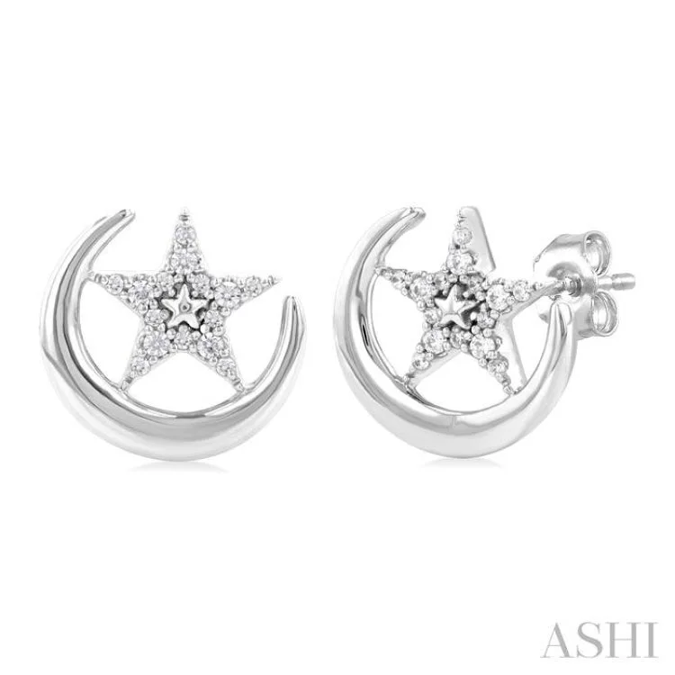 1/10 ctw Petite Crescent Moon and Star Round Cut Diamond Fashion Stud Earring in 10K White Gold