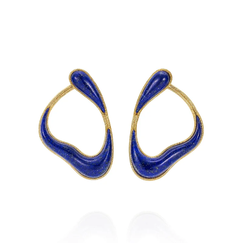 18K Yellow Gold and Lapis Stream Loop Earrings