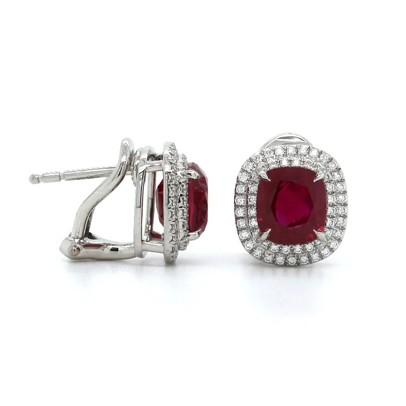 Platinum Cushion Ruby Double Diamond Halo Earrings