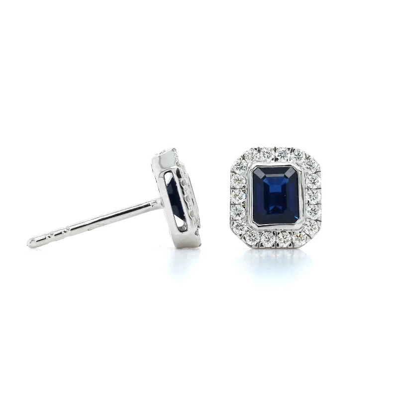 18K White Gold Diamond and Sapphire Halo Stud Earrings