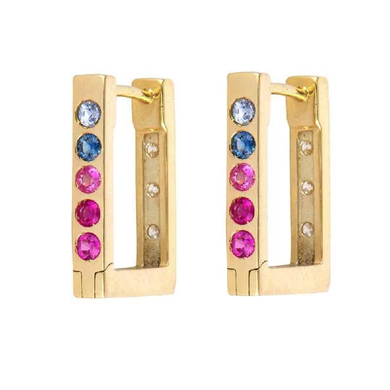 14K Yellow Gold Double Sided Sapphire and Diamond Rectangular Hoops