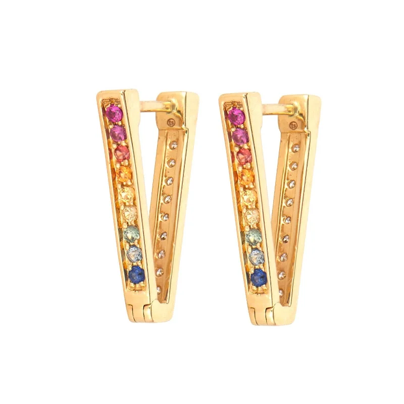 14K Yellow Gold Double Sided V Shaped Sapphire and Diamond Hoops