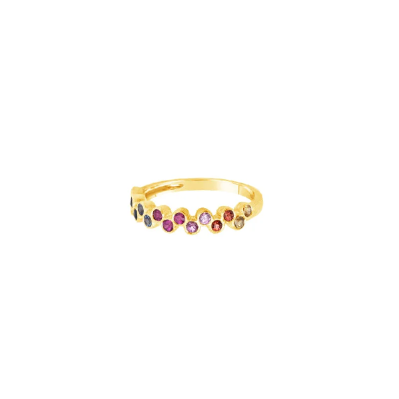 14 Karat Yellow Gold Bezel Set Band with Multi colored Sapphires and Tsavorite Garnet