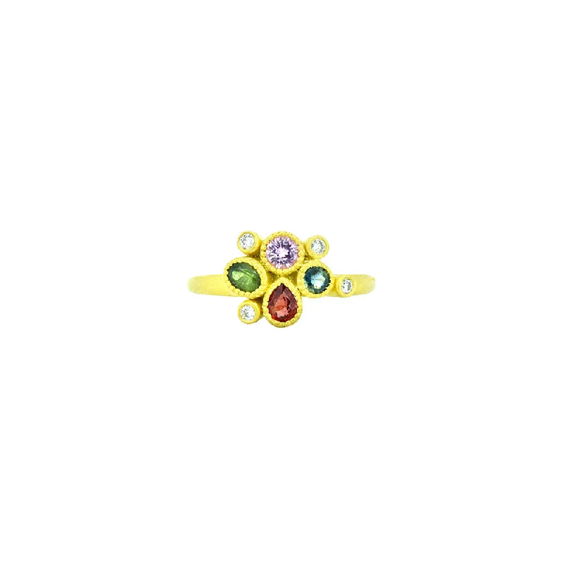 18 Karat Yellow Matte Gold Cluster Ring with 4 Various Shaped Multi Colored Sapphires