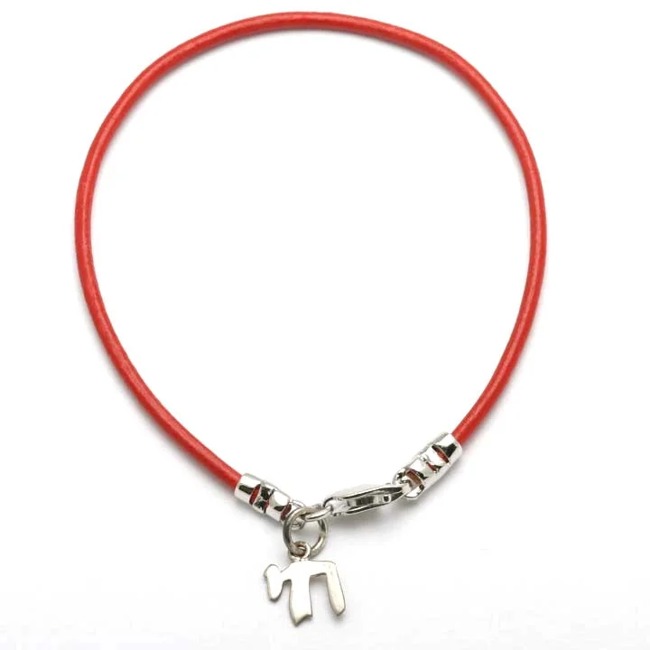 Sterling Silver Chai Red Leather Bracelet Judaica