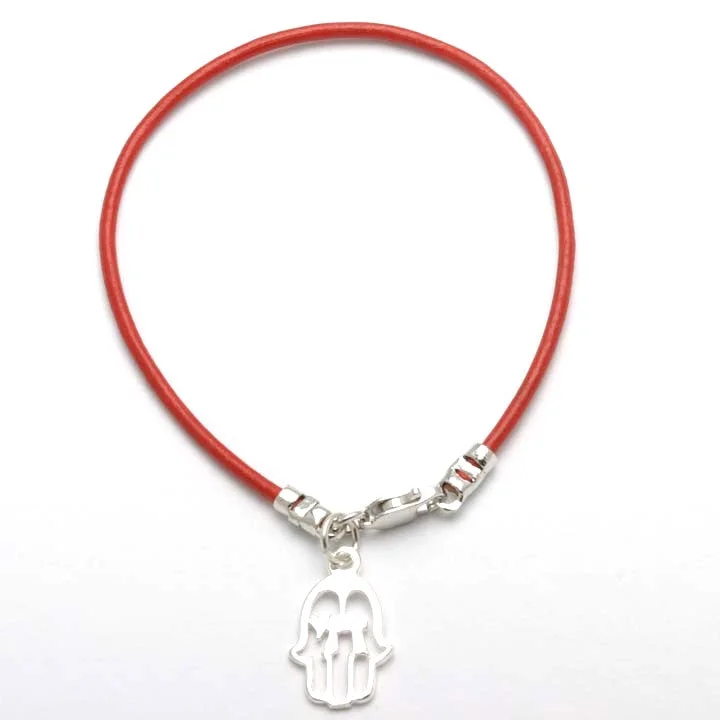 Sterling Silver Hamsa Chai Red Leather Bracelet