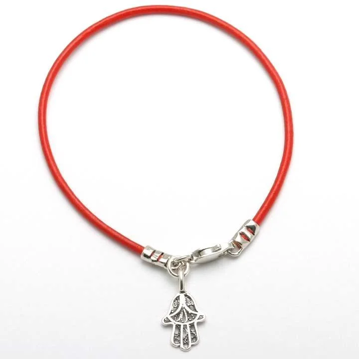 Sterling Silver Filigree Hamsa Red Leather Bracelet