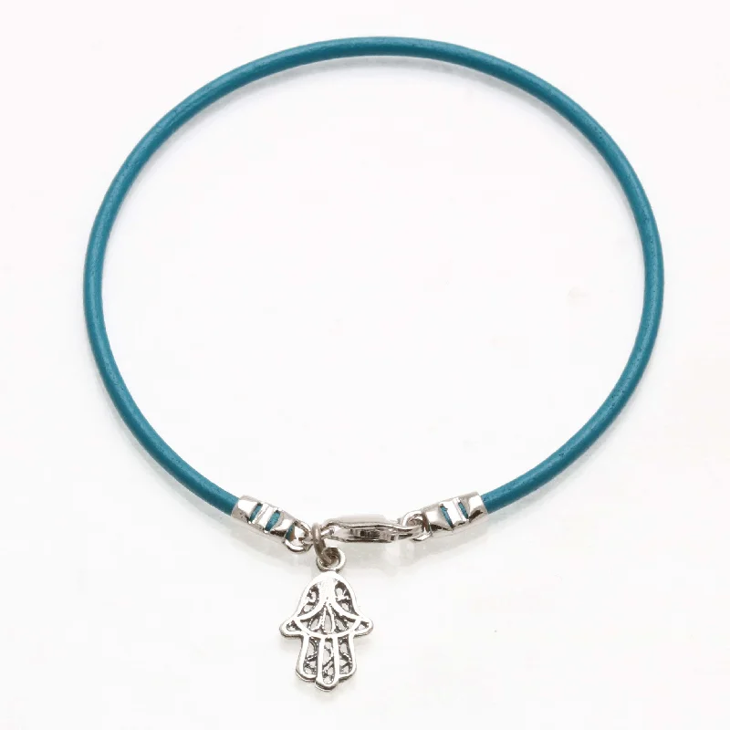 Sterling Silver Filigree Hamsa Turquoise Leather Bracelet