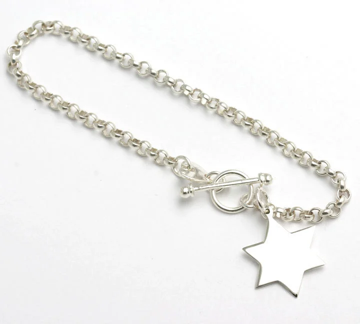 Sterling Silver Solid Star of David Charm Bracelet