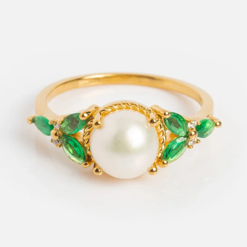 Vintage Inspired Green CZ and Pearl Statement Ring