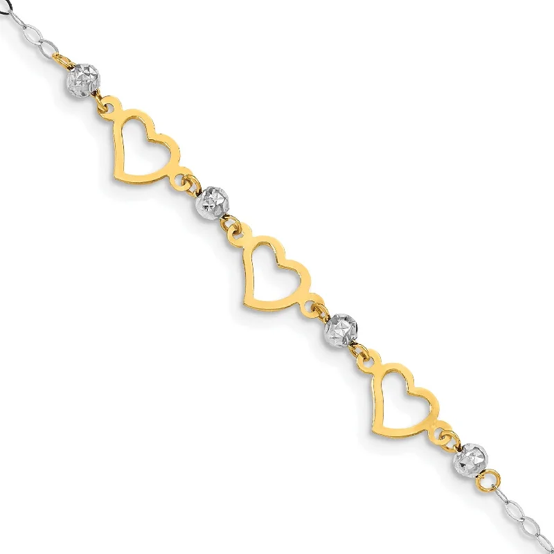 14KT White and Yellow Gold 7.5-inch 6MM Beaded Heart Bracelet