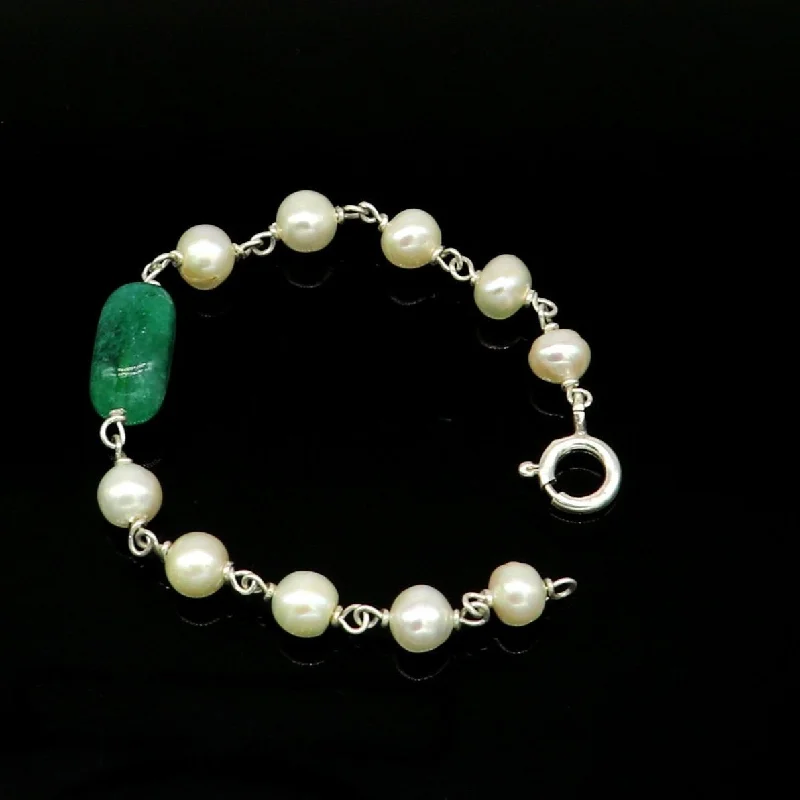 4.5 inches long handmade 925 sterling silver beaded bracelet, pearl and jade stone baby bracelet, unisex new born kids jewelry bbr5