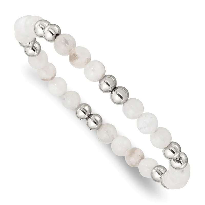 Moonstone 6.5MM Beaded Stretch Bracelet in Stainless Steel