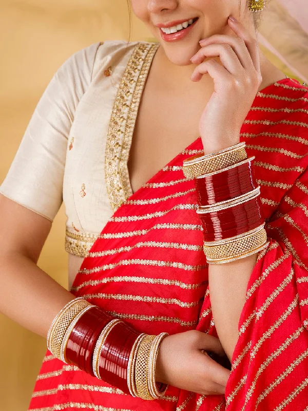 Rubans Maroon And White Color Bridal Chura With Floral Design And Studded AD.