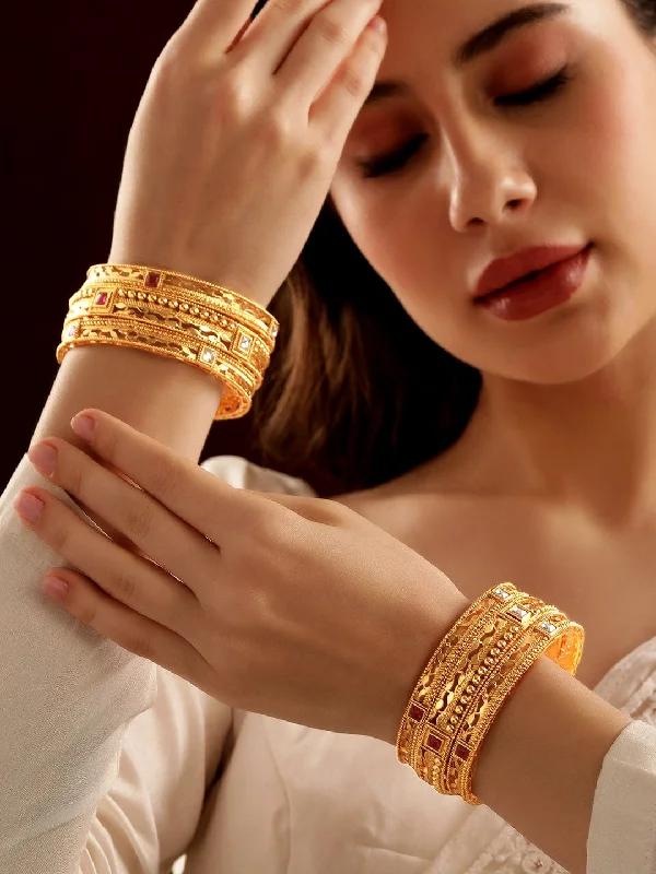 Rubans Set of 6, 22K Gold Plated Kemp stone studded handcrafted gold bangles  "