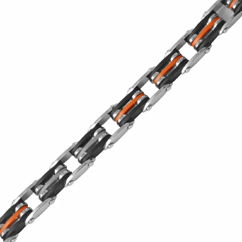 Stainless Steel 8.5-inch Black/Orange Rubber Link Bracelet